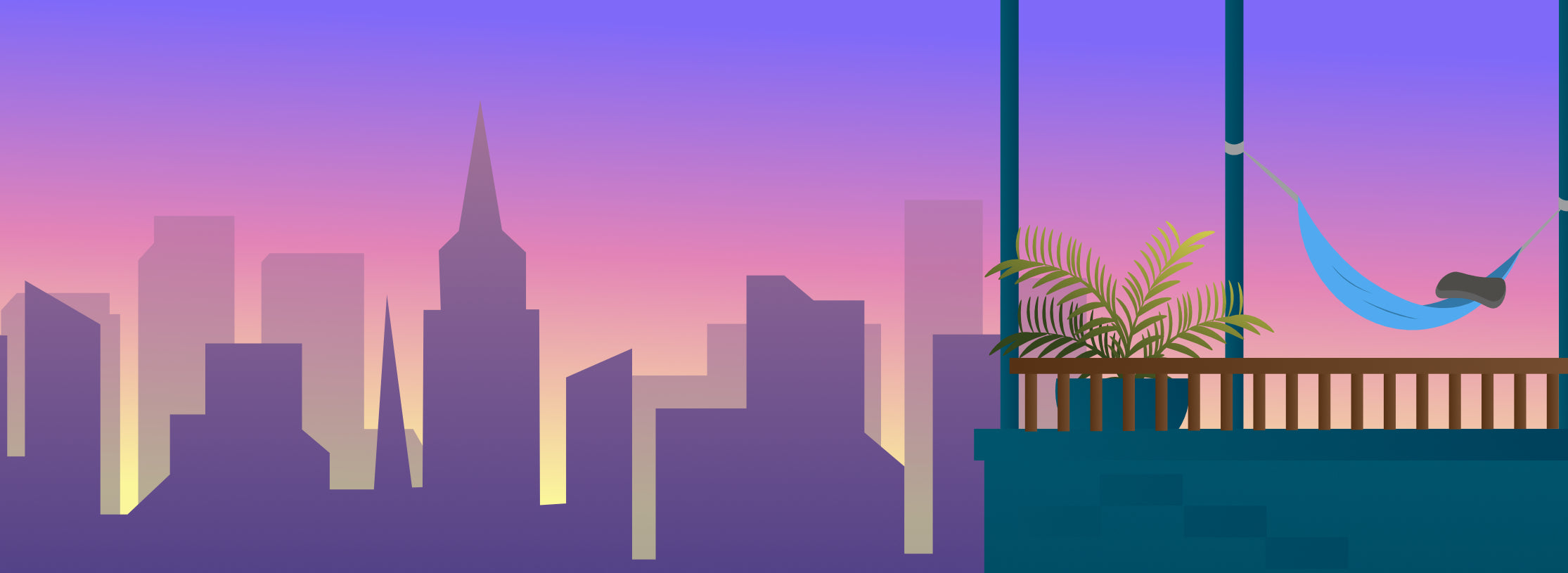 Stylized graphic of a hammock on a rooftop terrace overlooking a city skyline