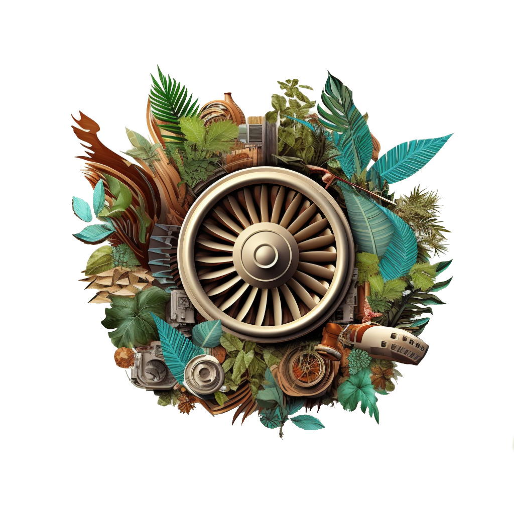 Stylized graphic of a jet engine surrounded by foliage