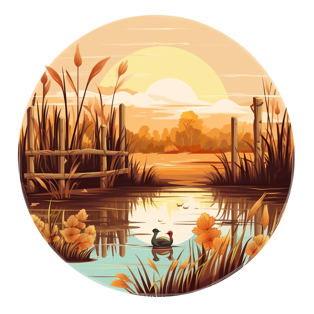 Stylized circular graphic of two ducks on a small pond surrounded by cattails
