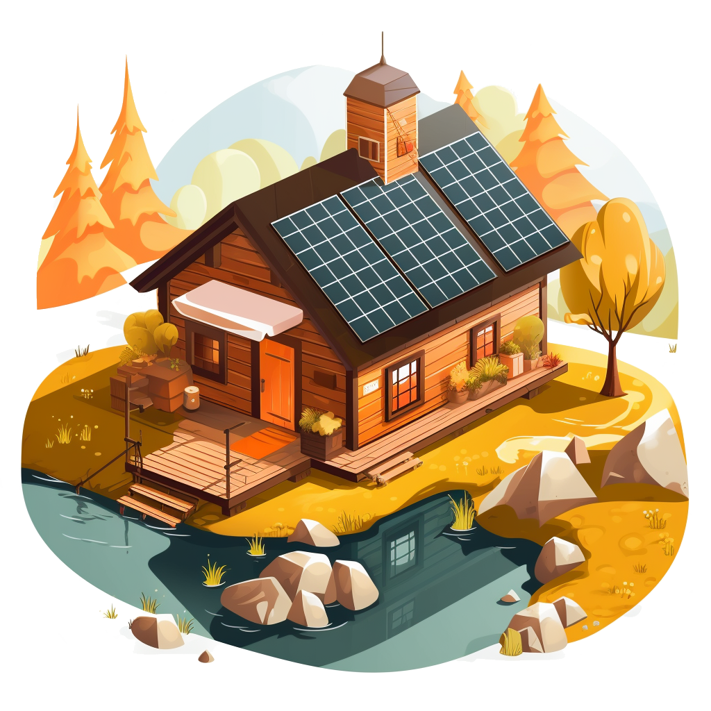Vector graphic of a small cottage with solar panels by a lake