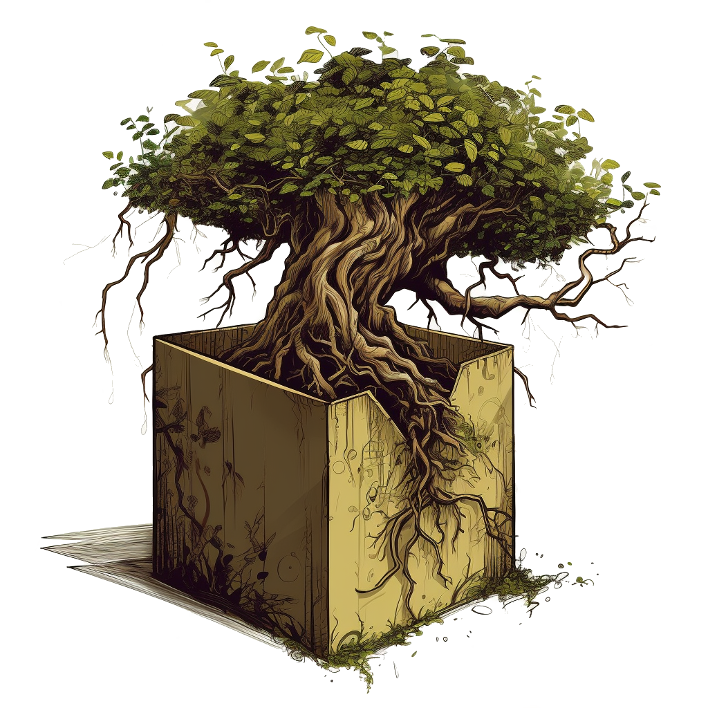 Stylized graphic of a tree growing out of a cardboard box