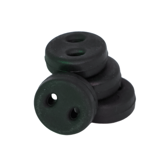 Four stacked black nylon Hummingbird Hammocks buttons