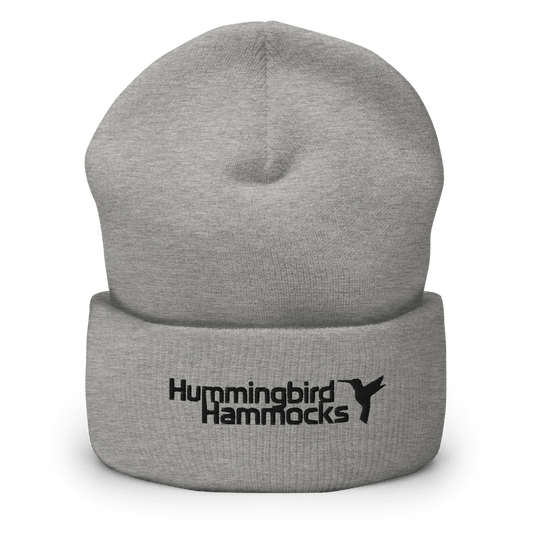 A gray Cuffed Beanie hat with the Hummingbird Hammocks logo embroidered on the cuff, displayed on a plain background.