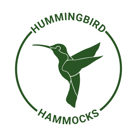 Logo of Hummingbird Hammocks featuring a stylized green hummingbird in flight, encircled by the company name in a clear vinyl circular outline sticker (10 Pack).
