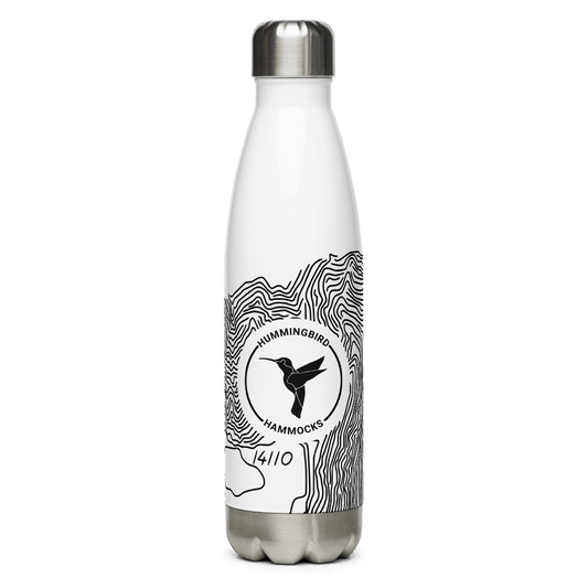 A white insulated Topographic Stainless Steel Water Bottle with a black line-art design featuring a hummingbird and the text "Hummingbird Hammocks" 4/10.