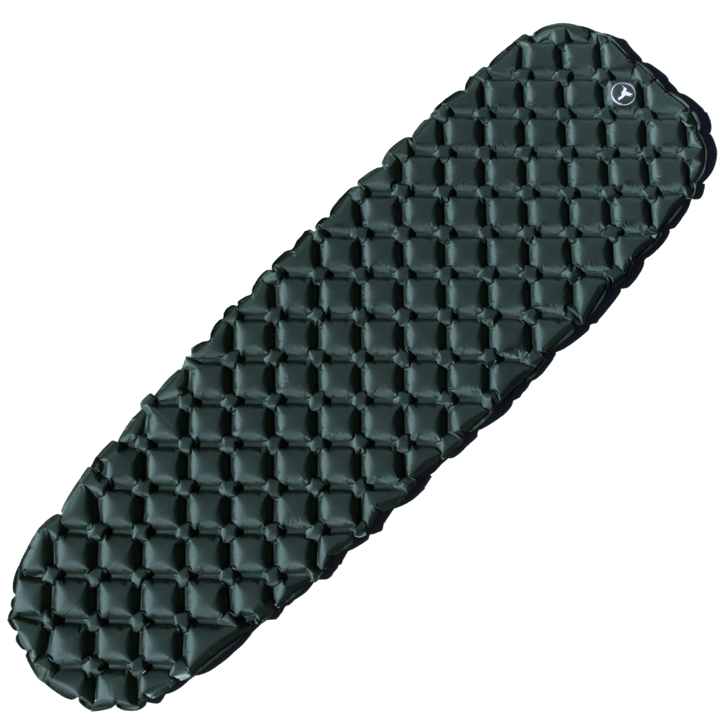 Inflatable Junco Sleeping Pad with R-Value in dark gray and a textured surface, displayed on a solid green background.