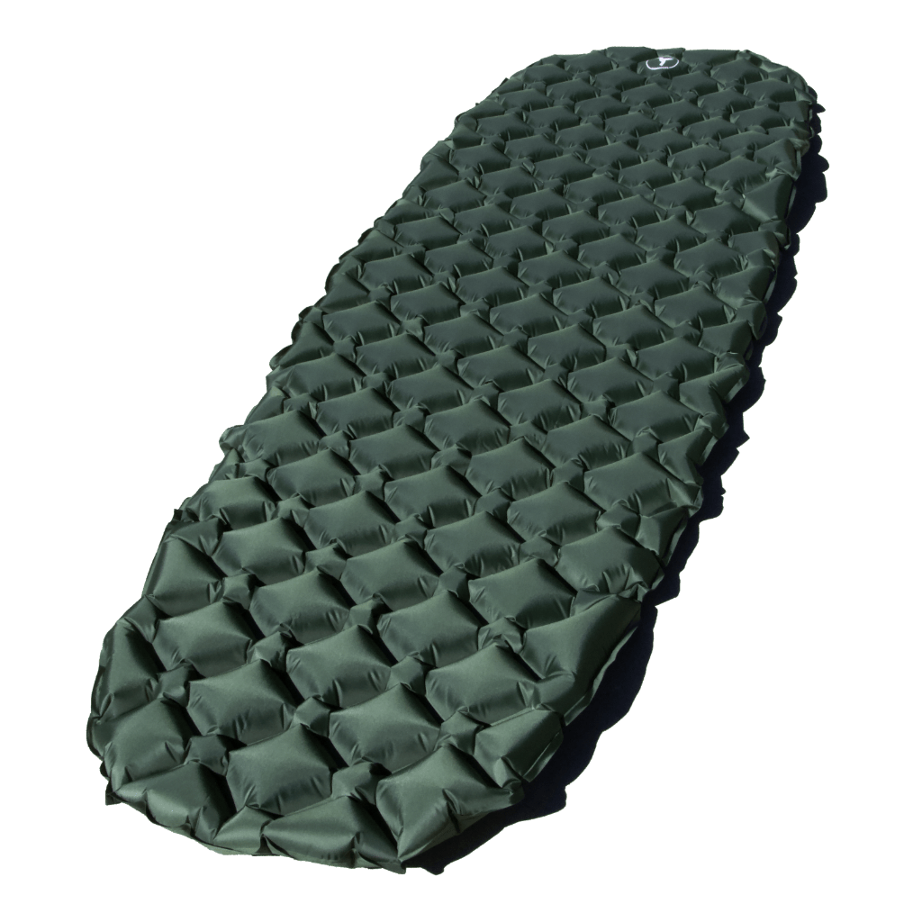 Inflatable Junco Sleeping Pad with high R-Value for outdoor camping by Hummingbird Hammocks isolated on a dark green background.