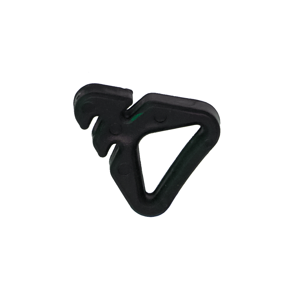 Black Quick Adjuster Hardware carabiner clip with friction lock on a green background by Hummingbird Hammocks.