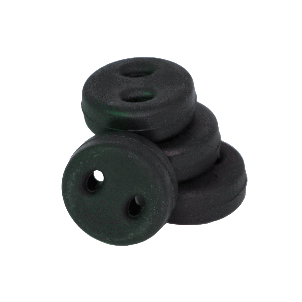 Four stacked black nylon Hummingbird Hammocks buttons