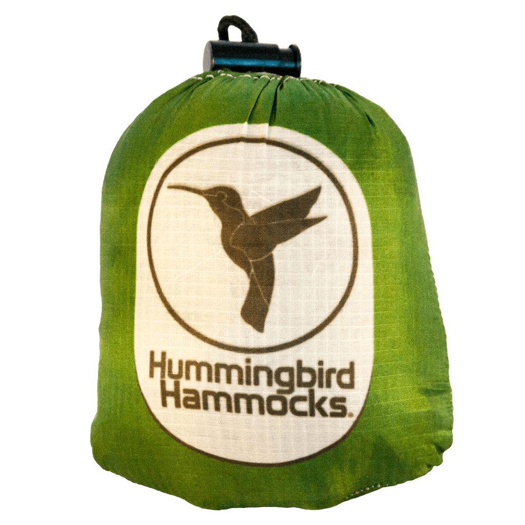 Green Ultralight Single Hammock with a white logo of a hummingbird and the text "Hummingbird Hammocks" on a transparent background.