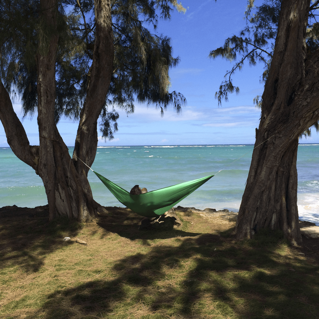 A person relaxes in a Hummingbird Hammocks ultralight single hammock strung between two trees by a sandy beach with clear blue ocean and sky in the background.