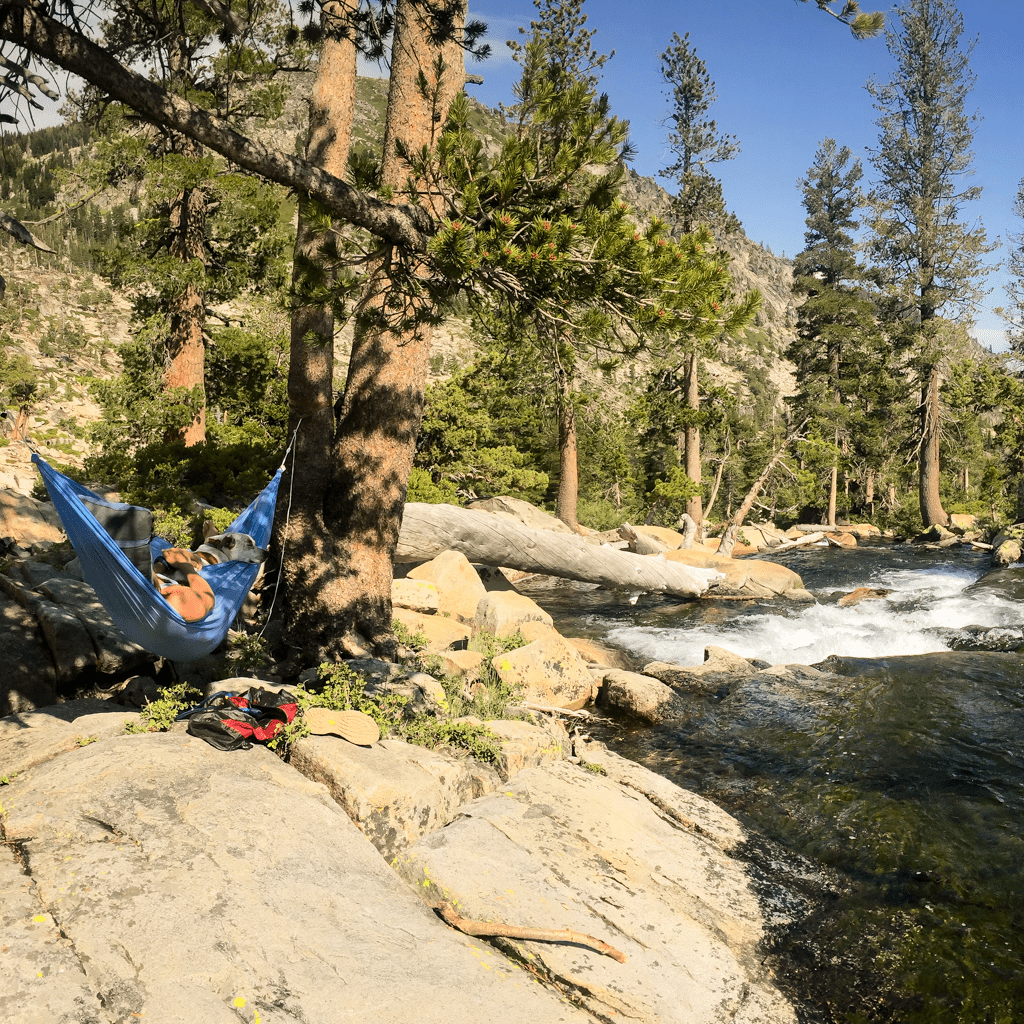 Person relaxing in a Hummingbird Hammocks ultralight single hammock strung between trees beside a flowing river in a forested mountain area.