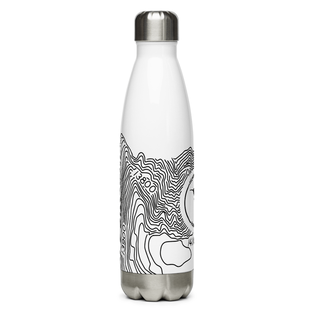 White double-walled stainless steel Topographic Water Bottle with a black abstract line design, featuring a silver leak-proof cap, against a green background by Hummingbird Hammocks.