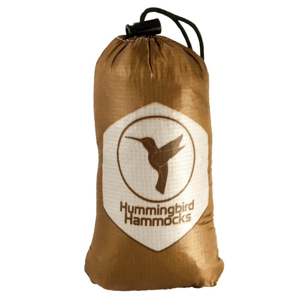 Brown drawstring Silpoly bag with a logo depicting a hummingbird, labeled "Heron Rain Tarp," against a green background.