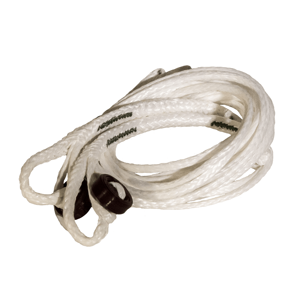 Coiled white rope with a dark plastic button on a green background by Hummingbird Hammocks Tree Strap Extensions.