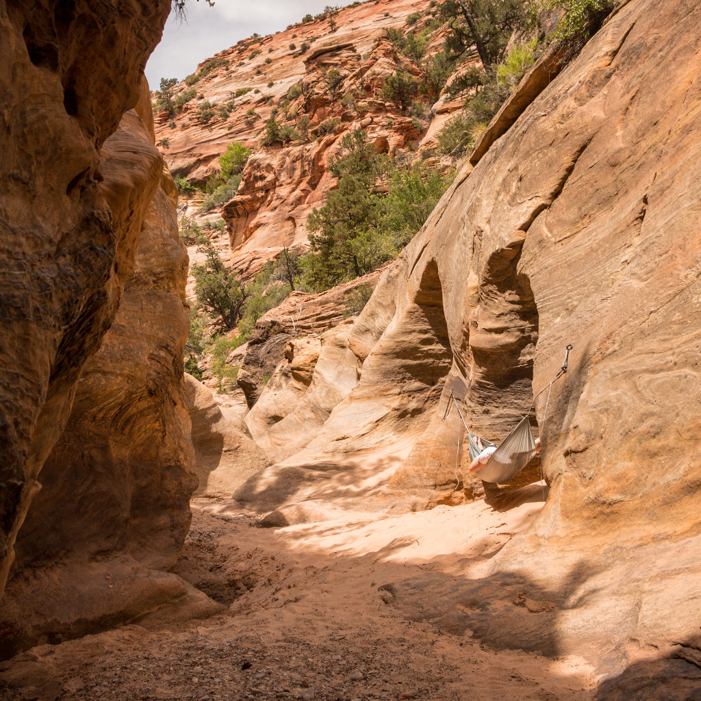 Slate Gray Single Hammock hanging in a canyon